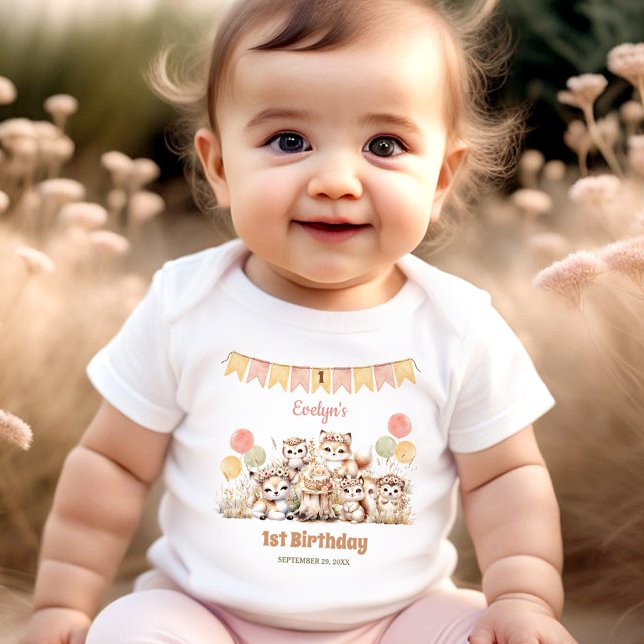Body Para Bebê Animais da Floresta Boho Name primeiro aniversario (Woodland Animals Boho Name Girl 1st Birthday Baby Bodysuit)