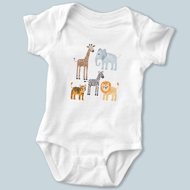 Body Para Bebê Animais de Safari Bebê Fofo em Aquarela (Cute safari baby animals, lion tiger zebra elephant giraffe patterned baby body suit)