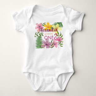 Body Para Bebê Aniversário de 1 ano Luau Flores Tropicais Rosa