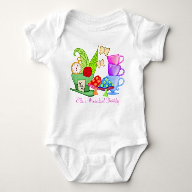 Body Para Bebê Aniversário Onsie do país das maravilhas (Frente)