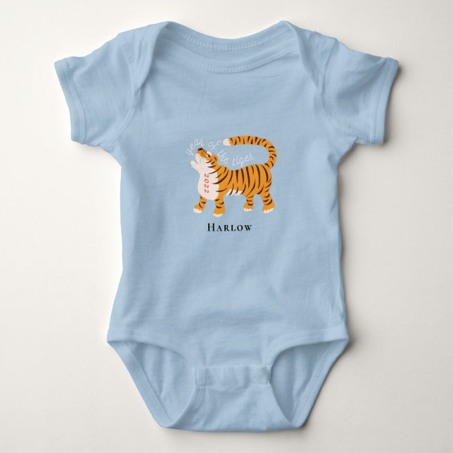 Body Para Bebê Ano da roupa de bebê azul Tiger (Frente)