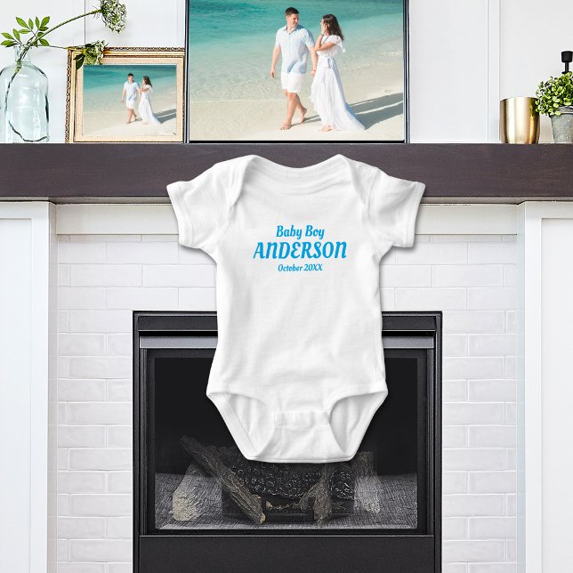 Body Para Bebê Anúncio de Nascimento do Menino - Nome, Mês, Ano (Baby Boy Birth Announcement White Bodysuit - Gift for Baby Shower)