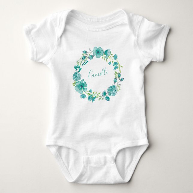 Body Para Bebê Aqua Sea Green Floral Wreath Personalizado (Frente)