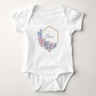 Body Para Bebê Aquarela Azul e Roxo Floral Personalizado
