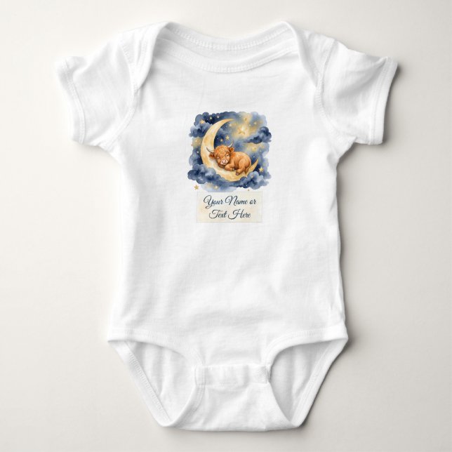 Body Para Bebê Aquarela Bezerro das Terras Altas Adormecido Lua C (Frente)