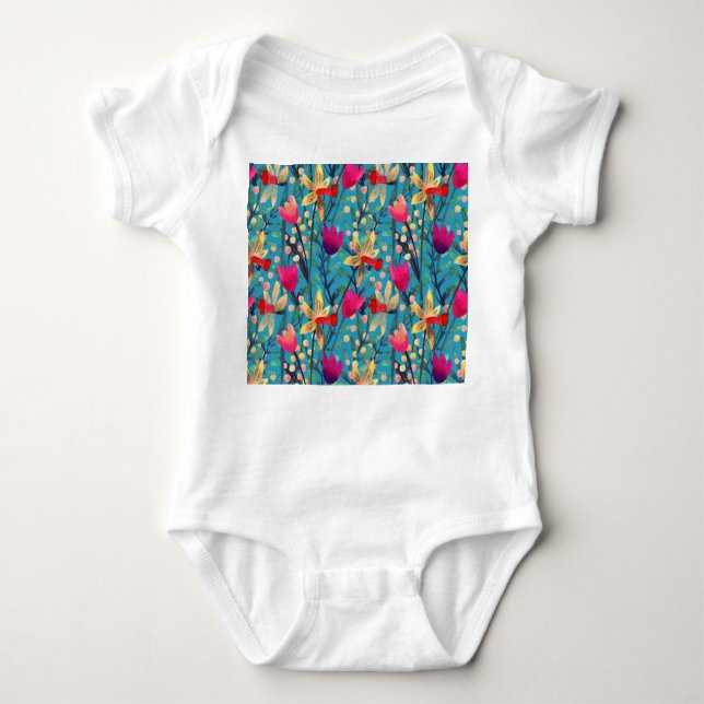 Body Para Bebê Aquarela Brilhante: Design Floral Sem Costura. (Frente)