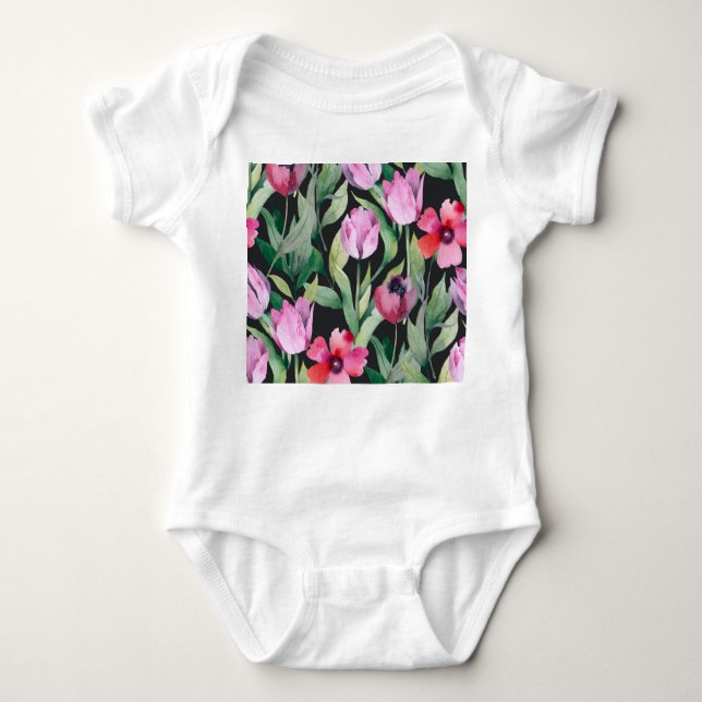 Body Para Bebê Aquarela floral, belo padrão contínuo. (Frente)