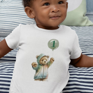 Body Para Bebê Aquarela Urso Fofo 1º Primeiro aniversário Balão