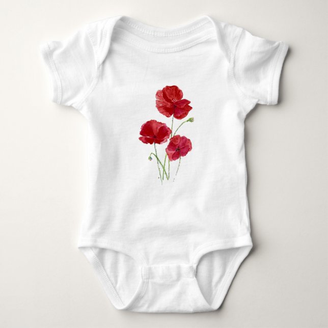 Body Para Bebê Aquarelas Red Poppy Garden Flor Arte Floral (Frente)