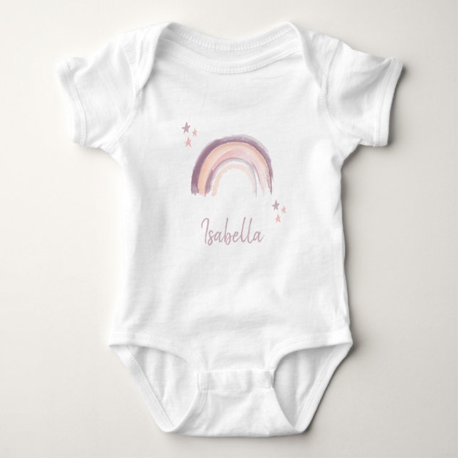 Body Para Bebê Arco-íris & Estrelas Boho Rosa Suave Nome de Bebê (Frente)