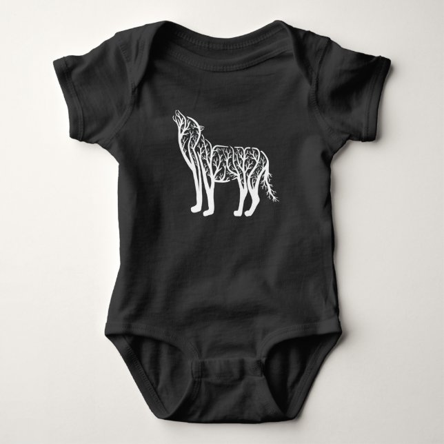 Body Para Bebê Arte da Árvore do Lobo Uivando (Frente)