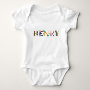 Body Para Bebê Arte de Nome HENRY Com Flores Bordadas
