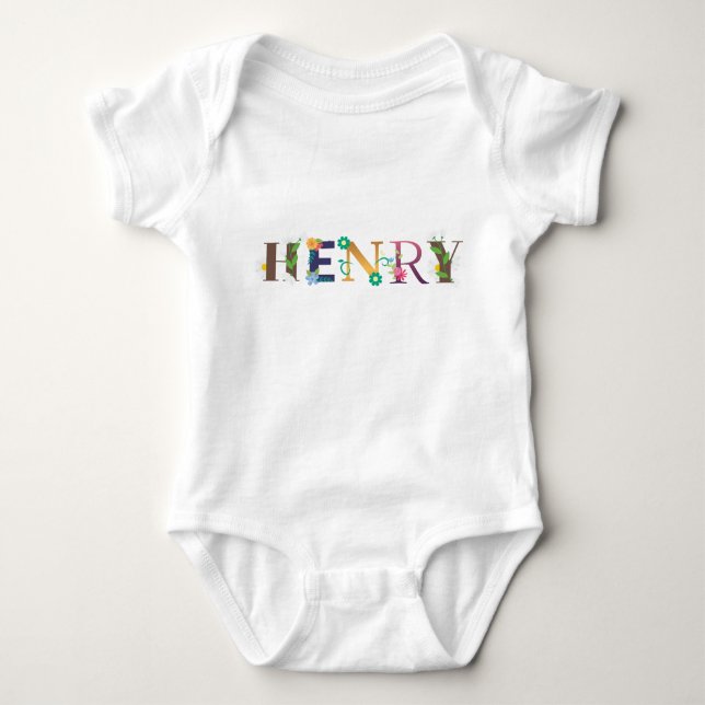 Body Para Bebê Arte de Nome HENRY Com Flores Bordadas (Frente)