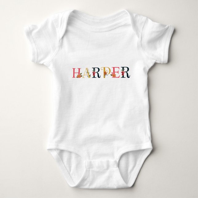 Body Para Bebê Arte do Nome HARPER Com Flores Embutidas (Frente)