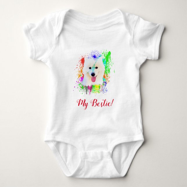 Body Para Bebê Arte Lâmina Cute Cachorro Samoyed Bebê Roupa (Frente)