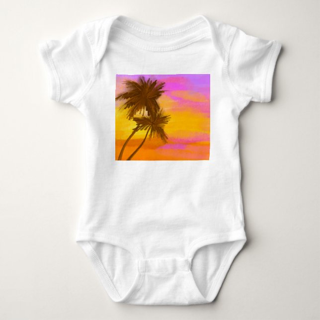 Body Para Bebê Árvore de coco, tema de verão tropical. (Frente)