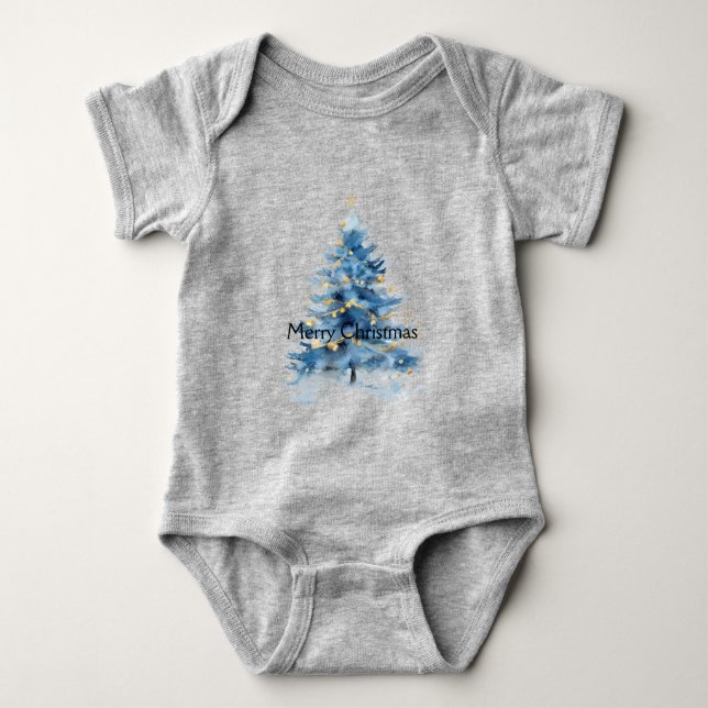 Body Para Bebê Árvore Dourada de Natal azul (Frente)