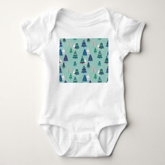 Body Para Bebê Árvores de Natal, fundo azul (Frente)