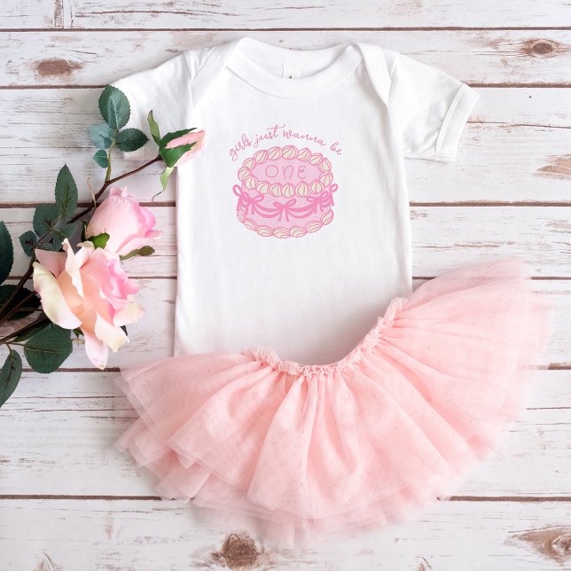 Body Para Bebê As Meninas Só Querem Ser Um primeiro aniversario D (Girls Just Wanna Be One Pink Bow 1st Birthday Baby Bodysuit)