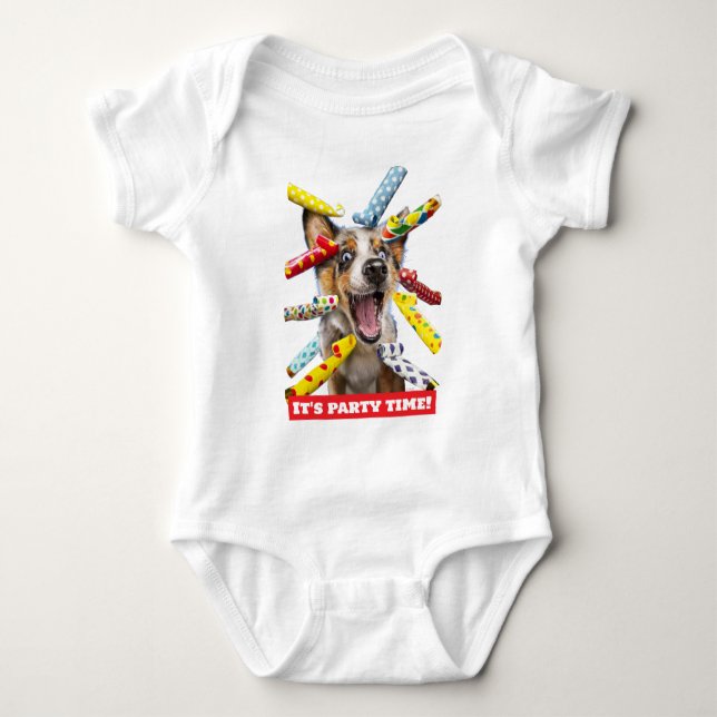 Body Para Bebê Assopradores de Festa de Cachorro Feliz (Frente)