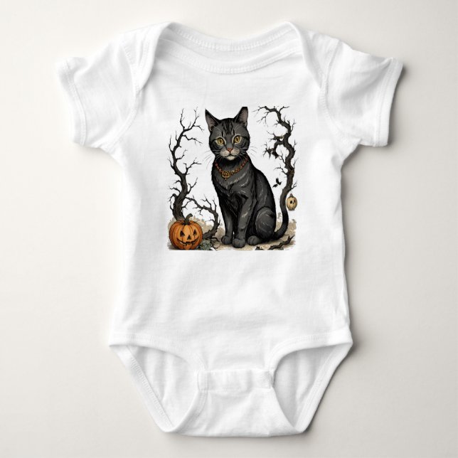 Body Para Bebê Autumn Cat e Pumpkins, Halloween Cat, (Frente)