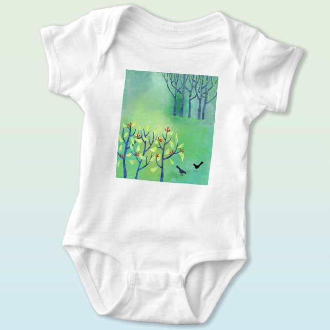 Body Para Bebê Aves e Arte Paisagista Blossom (Modern landscape with birds and blossom baby bodysuit)