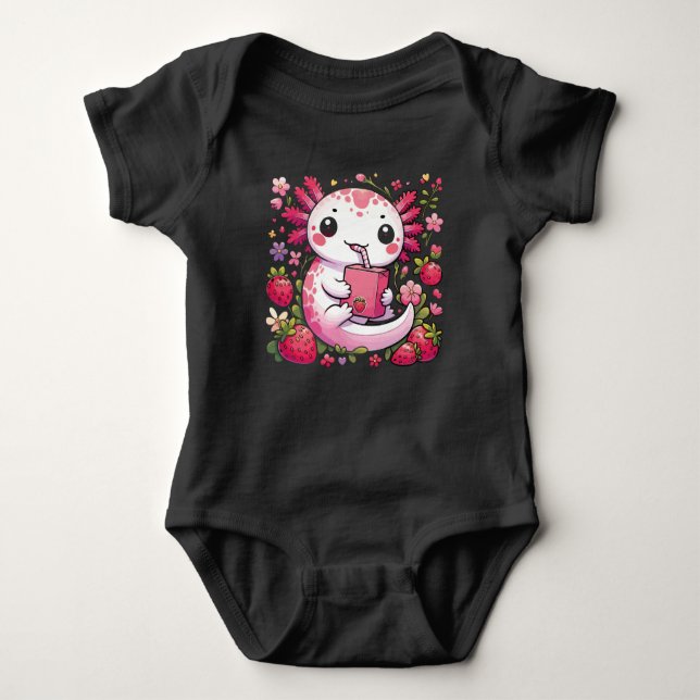 Body Para Bebê Axolotl Bebendo Japonês Leite de Morango (Frente)