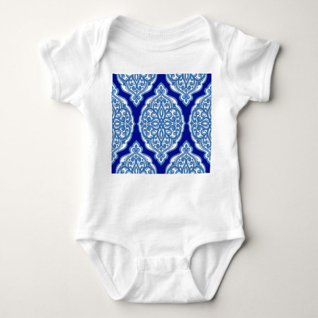 Body Para Bebê Azul-branco-luxo, ornamento turco. (Frente)