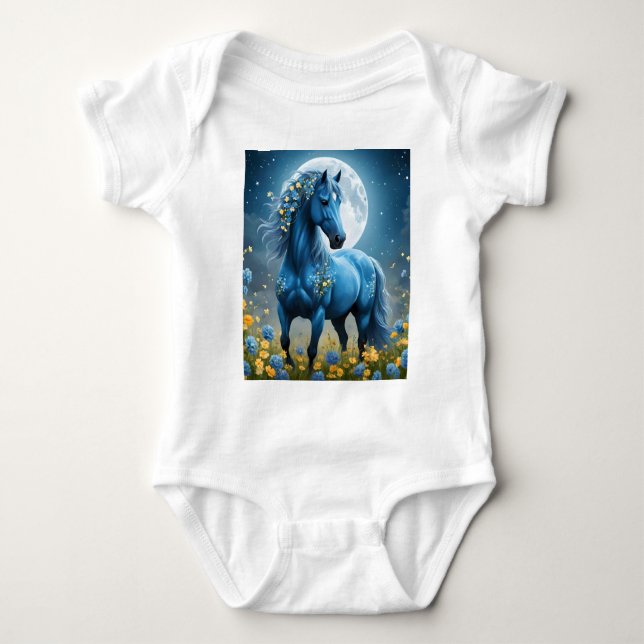 Body Para Bebê Azul Fantasia Flores de Lua de Cavalo Mágico, (Frente)