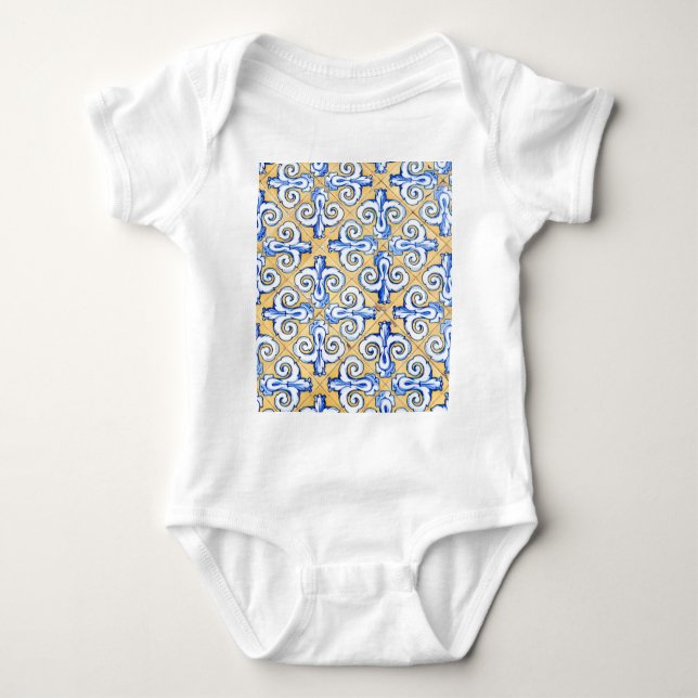 Body Para Bebê Azulejos Espanhóis - Azulejo Azul, Amarelo e Branc (Frente)