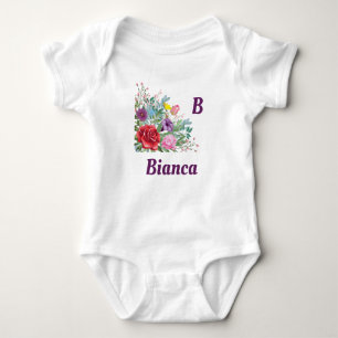 Body Para Bebê B Bianca Personalize o nome da letra, Rosa Flores