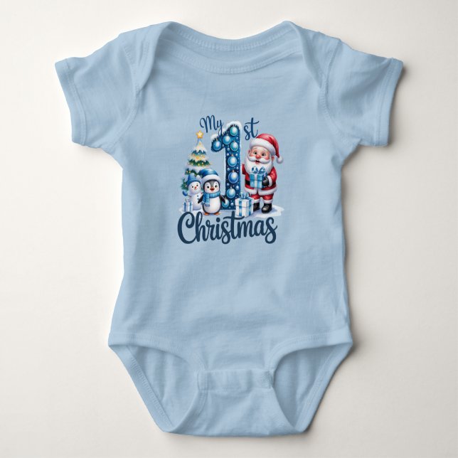 Body Para Bebê Baby Boy's First Christmas Blue (Frente)