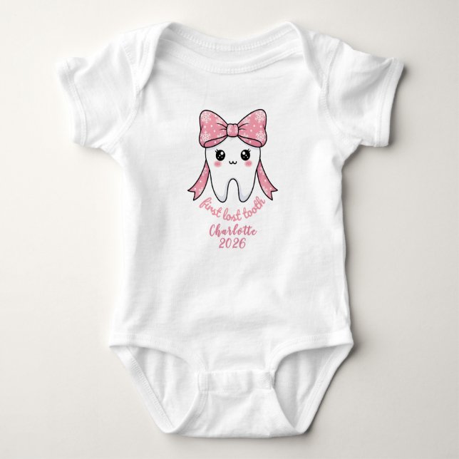 Body Para Bebê Baby First Tooth Pink Bow Milestone Kawaii Tooth (Frente)
