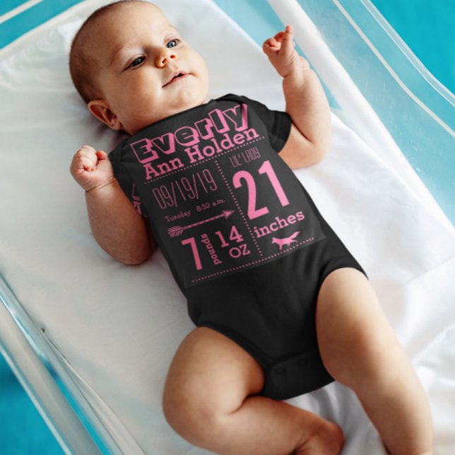 Body Para Bebê Baby Girl Birth Record Fox Pink Lettering (Criador carregado)