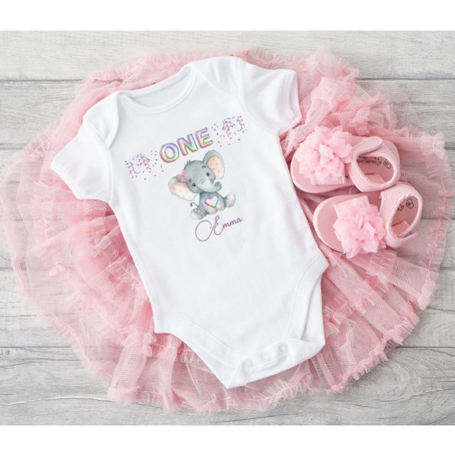 Body Para Bebê Baby Girl First Birthday Name Elephant Cute One   (Criador carregado)