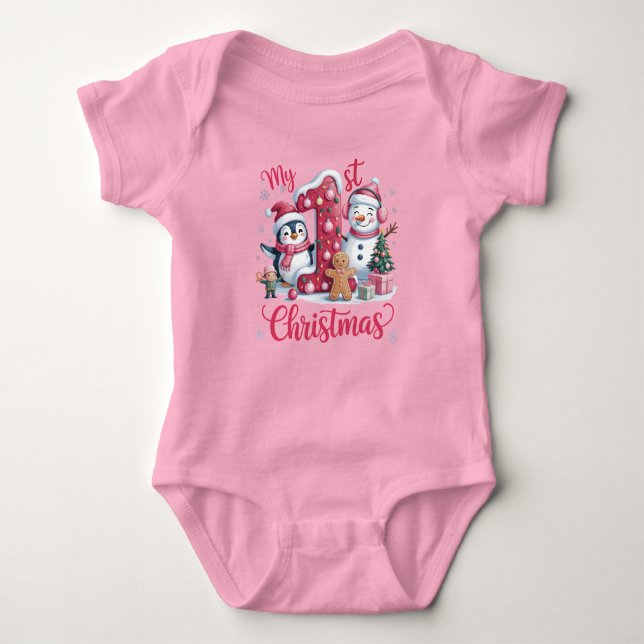 Body Para Bebê Baby Girl's First Christmas Pink (Frente)