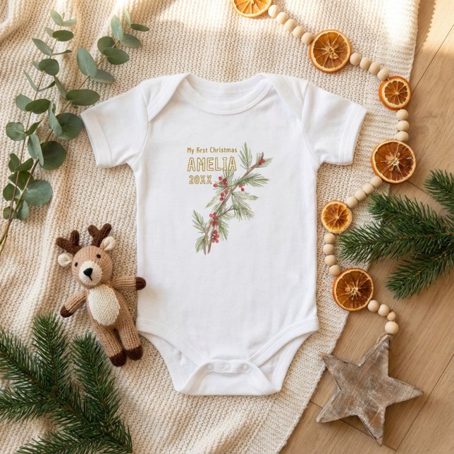 Body Para Bebê Baby`s First Christmas Holly Winter Foliage (Criador carregado)