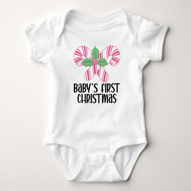 Body Para Bebê Babys First Christmas Pink Candy Canes (Frente)