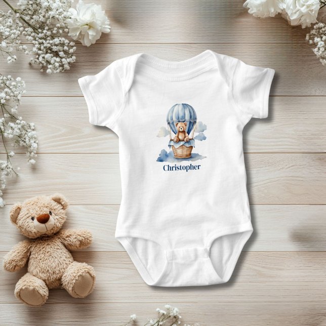 Body Para Bebê Balão de Ar Quente do Urso Teddy Personalizado Blu (Teddy Bear and Hot Air Balloon Blue Baby Boy Baby Body suit. Personalize it.)