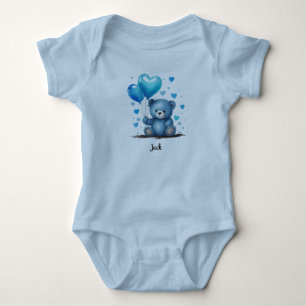 Body Para Bebê Balões de Coração de Ursinho Azul Personalizar Nom