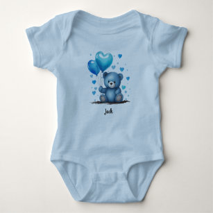 Body Para Bebê Balões de Coração de Ursinho Azul Personalizar Nom