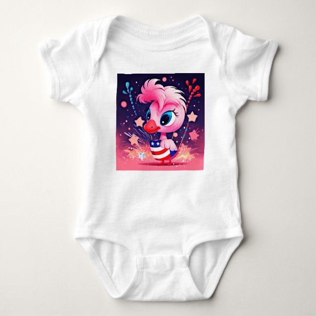 Body Para Bebê Bandeira Americana com Flamingo Cartoon-69216 (Frente)
