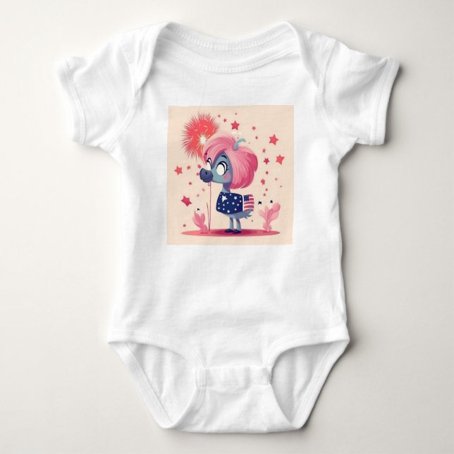 Body Para Bebê Bandeira Americana com Flamingo Cartoon-69219 (Frente)