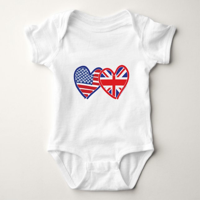 Body Para Bebê Bandeira Americana/União Jack Flag Hearts (Frente)