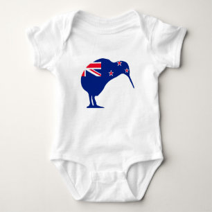 Body Para Bebê Bandeira Nova Zelândia com a SIlhouette de Kiwi