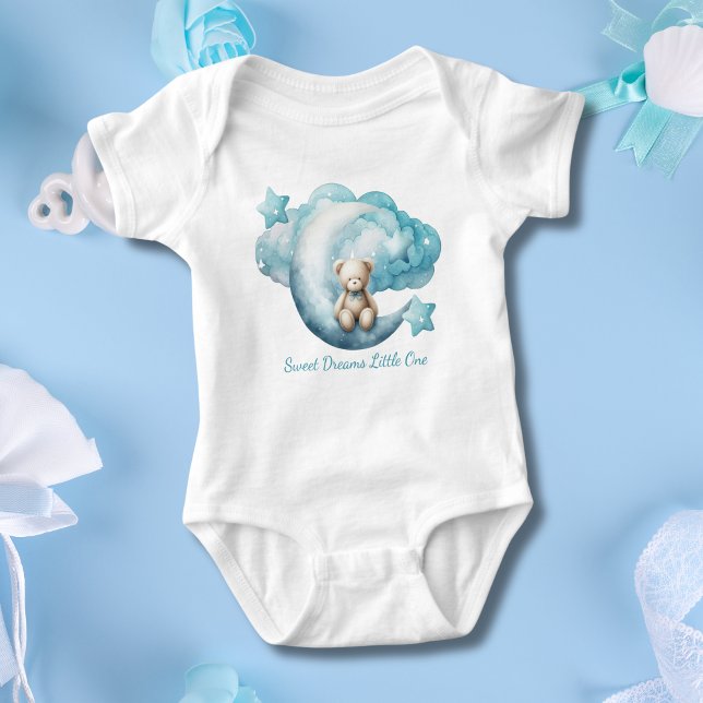 Body Para Bebê Bear Bear Moon Star Cloud Blue Boy (Personalized Blue Baby Bear Sitting on Moon with Stars and clouds. Baby shower gift baby boy)