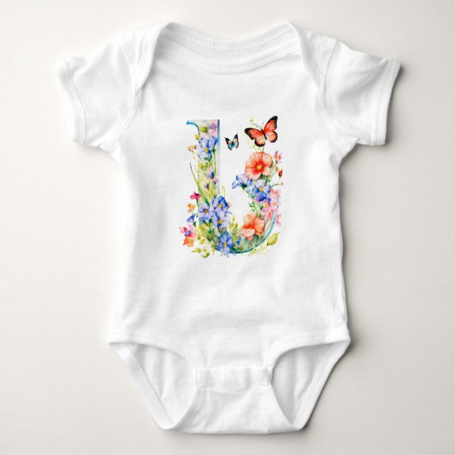 Body Para Bebê Beautiful Wildflower Butterfly Monogram (Frente)