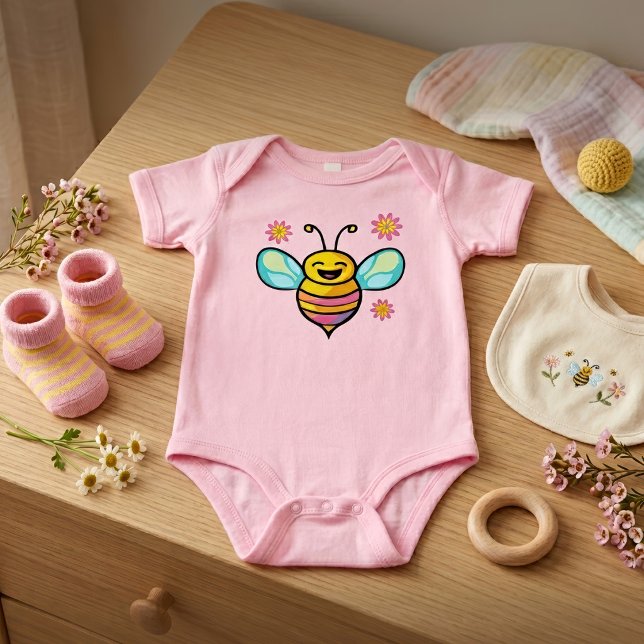 Body Para Bebê Bebê Abelha Kawaii Sorridente Feliz com Flores Fof (Happy Smiling Kawaii Baby Bee with Cute Flowers. Baby Pink Bodysuit)