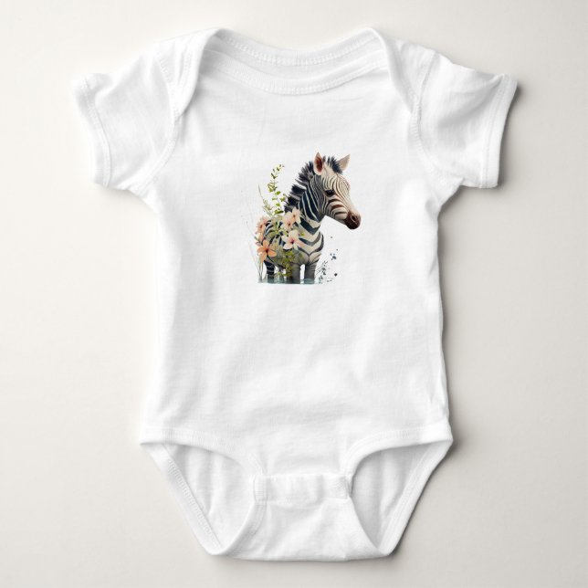 Body Para Bebê Bebê Adorável Zebra com Flores (Frente)