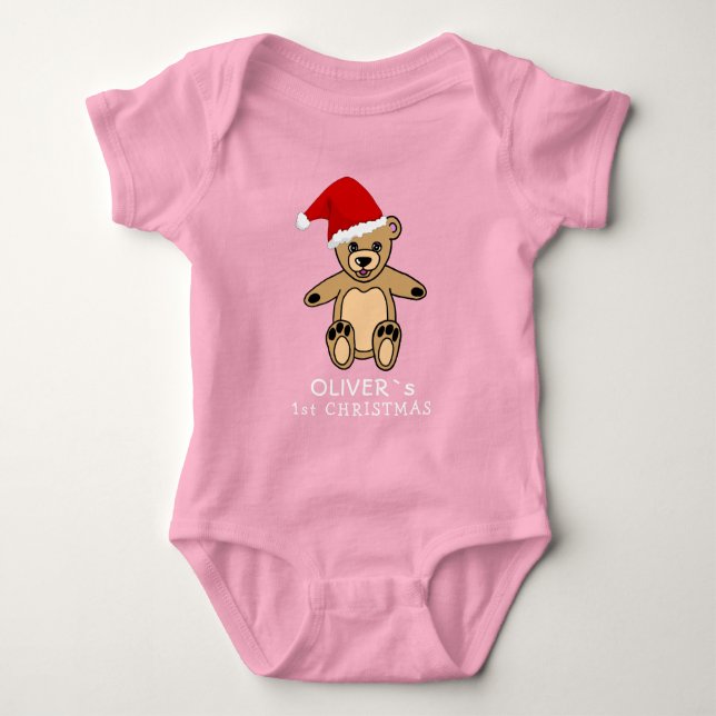 Body Para Bebê Bebê Bonito Primeiro Natal Urso Santa Hat B (Frente)